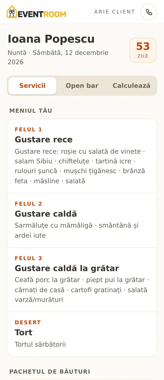 Aria de client, secțiunea Meniu, pe telefon
