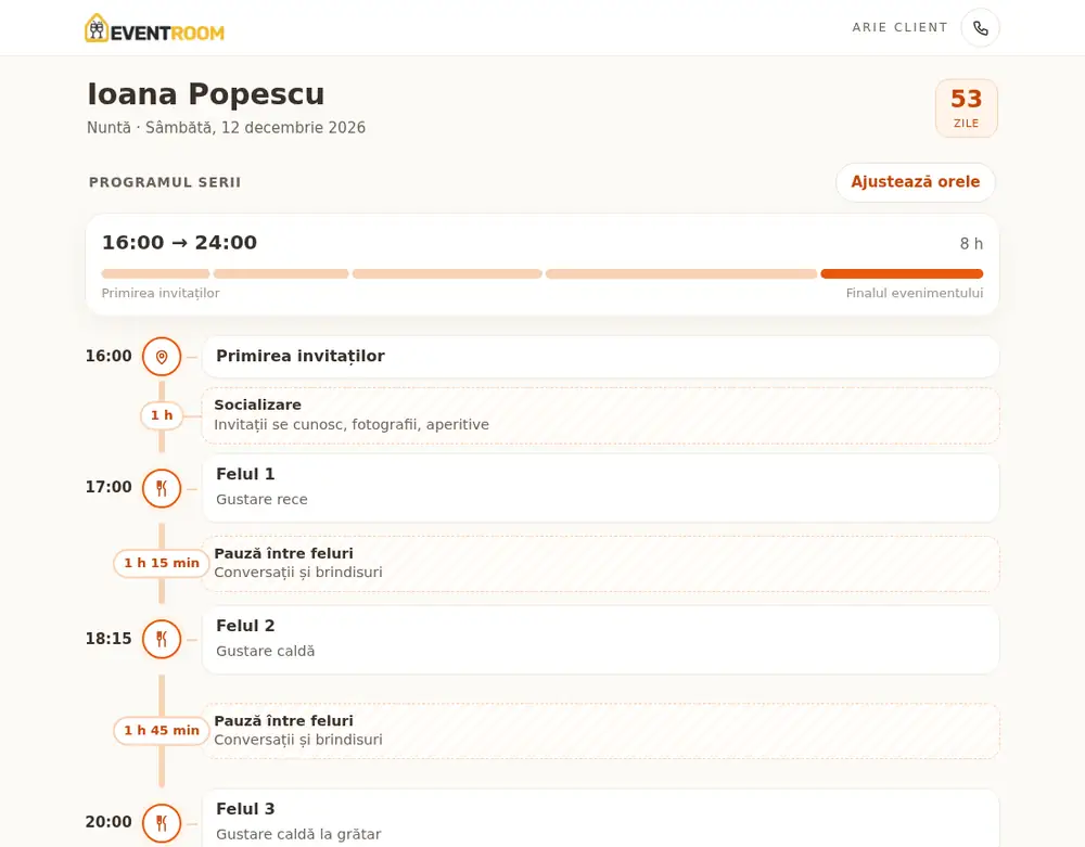 Aria de client, secțiunea Program, pe desktop