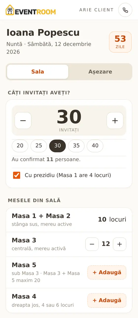 Aria de client, secțiunea Mese, pe telefon
