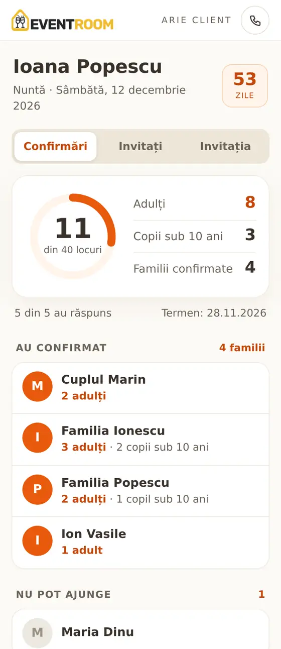 Aria de client, secțiunea Invitații, pe telefon