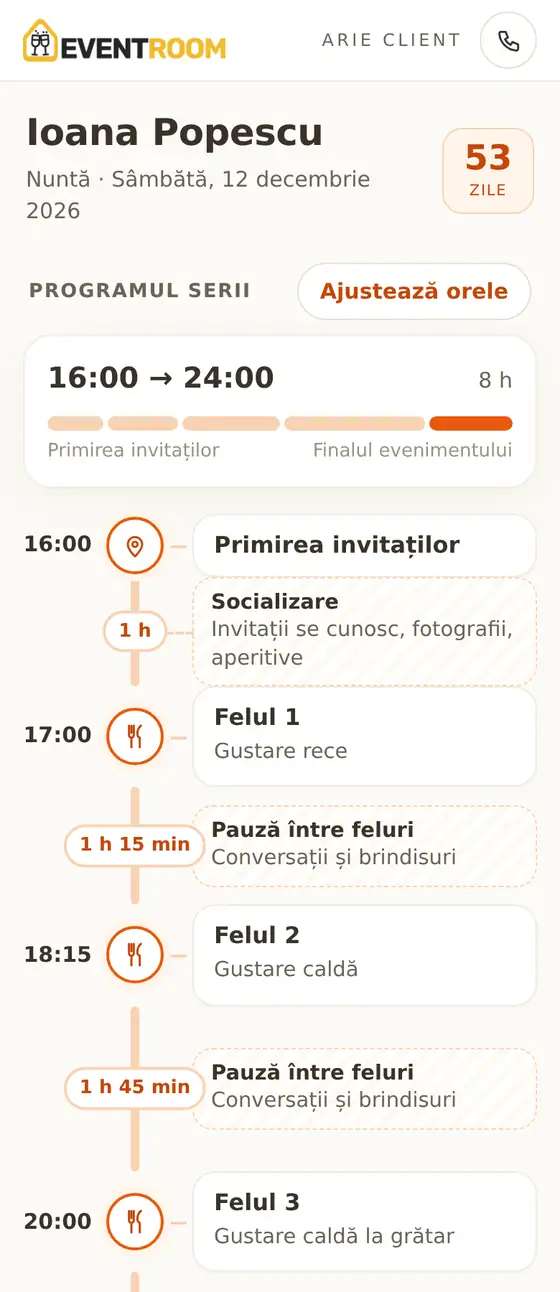 Aria de client, secțiunea Program, pe telefon