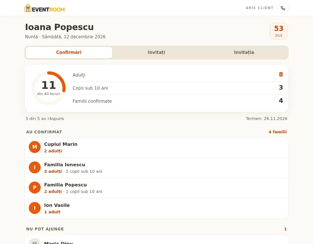 Aria de client, secțiunea Invitații, pe desktop