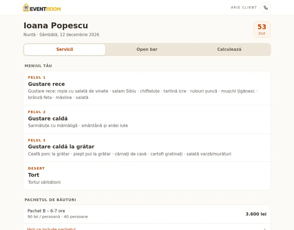 Aria de client, secțiunea Meniu, pe desktop