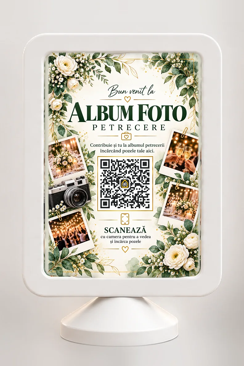 Ramă minimalistă de masă, fața 2: cod QR pentru albumul foto al petrecerii
