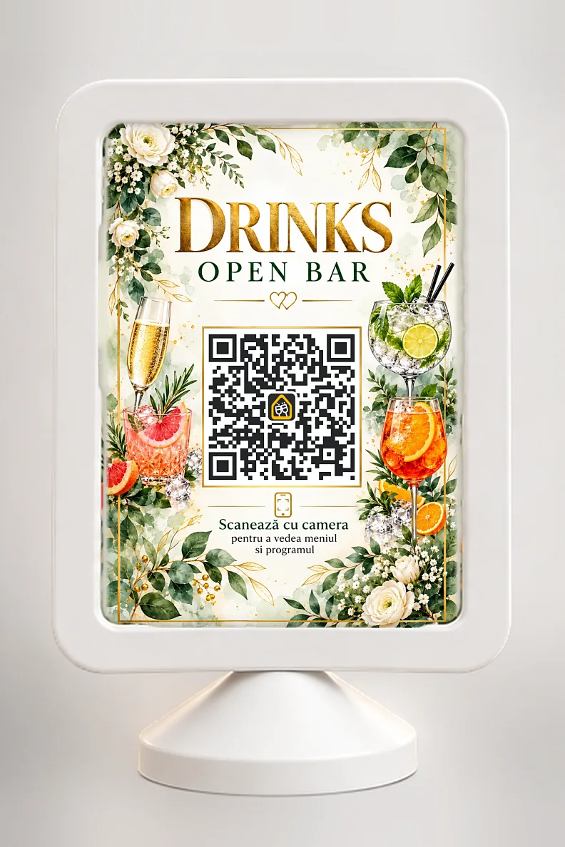 Ramă minimalistă de masă, fața 1: cod QR pentru meniul digital și Drinks Open Bar