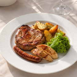 ceafa de porc la grătar cu piept de pui, cârnați subțiri si garnitura de cartofi gratinați de la event room
